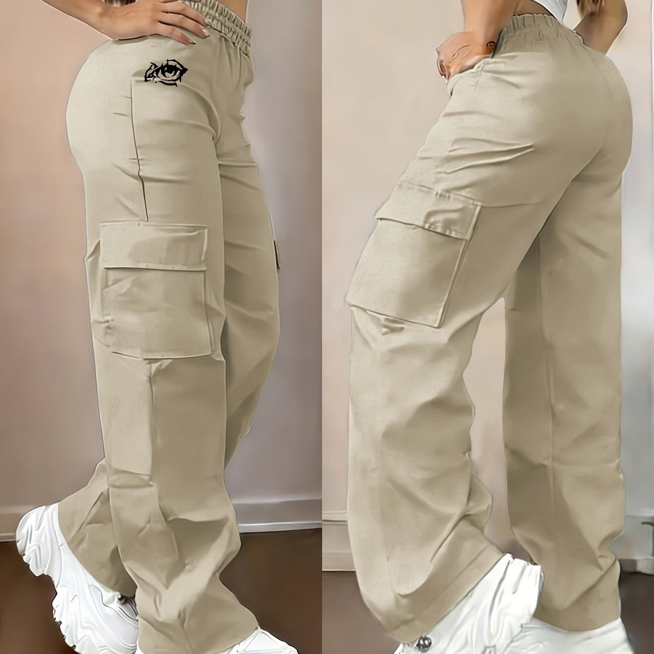 TEMU Women's Casual Long Pants, Eye Pattern Print, Fashionable Cargo Pants - D355-why2115