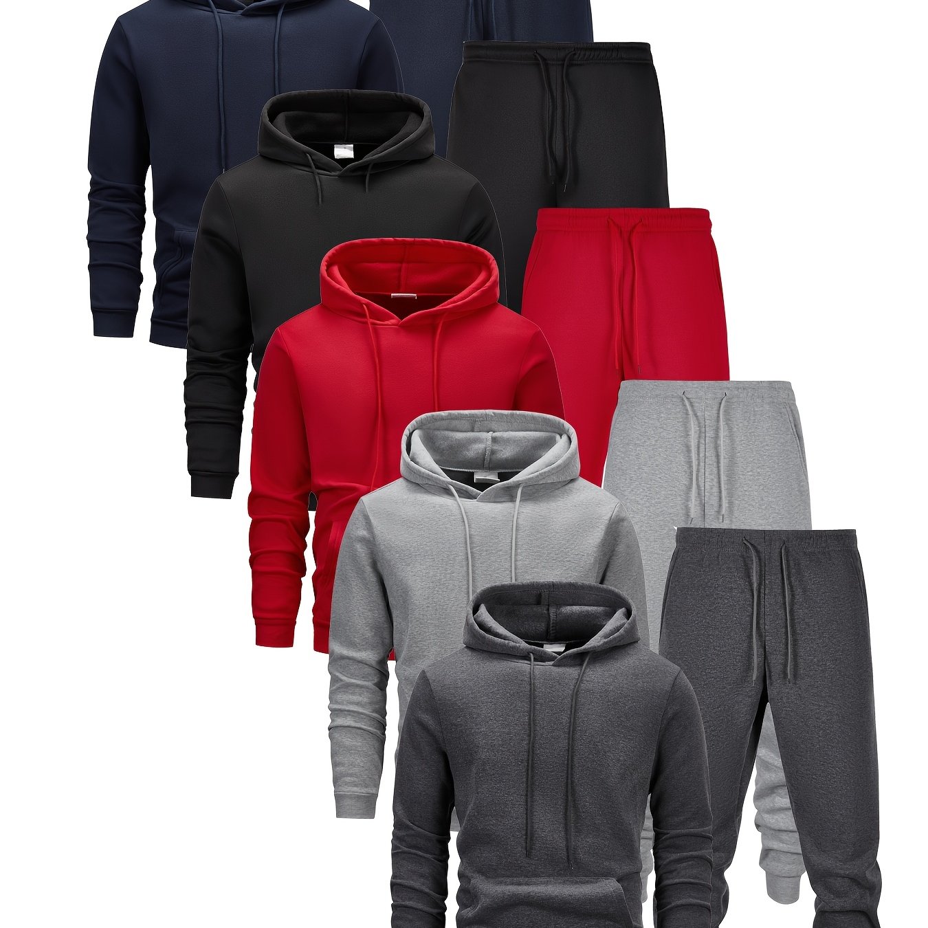 TEMU 5-pack Men's Hooded Sweatshirt And Jogging Shoe Set, Solid Color, Long Sleeves, Slightly Stretchy Knit Fabric, Drawstring Pants With Pockets,