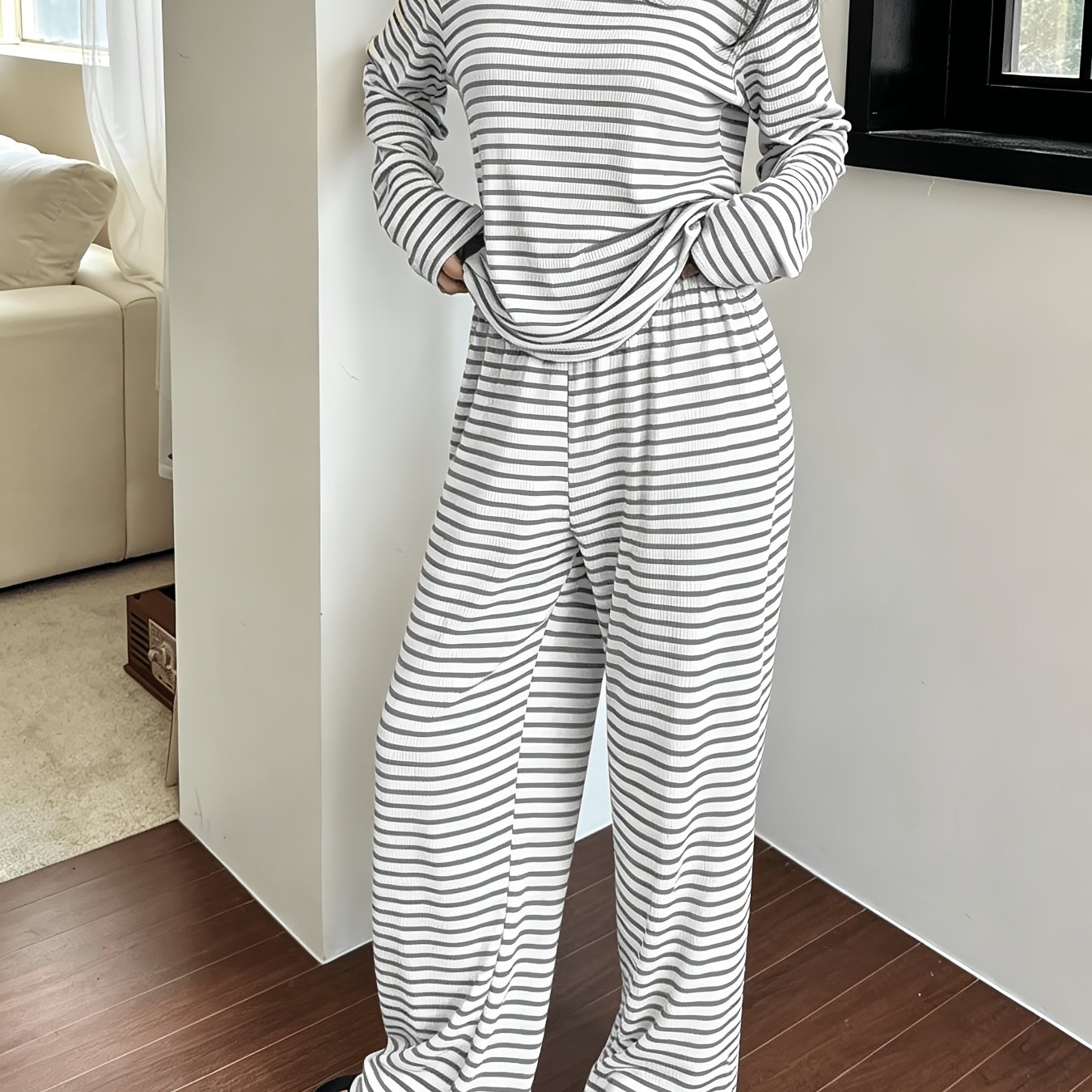 TEMU Women's Loungewear Set, Casual Comfortable Round Neck Long Sleeve Top And Long Pants, Striped Printed Style, Suitable For Autumn And Winter
