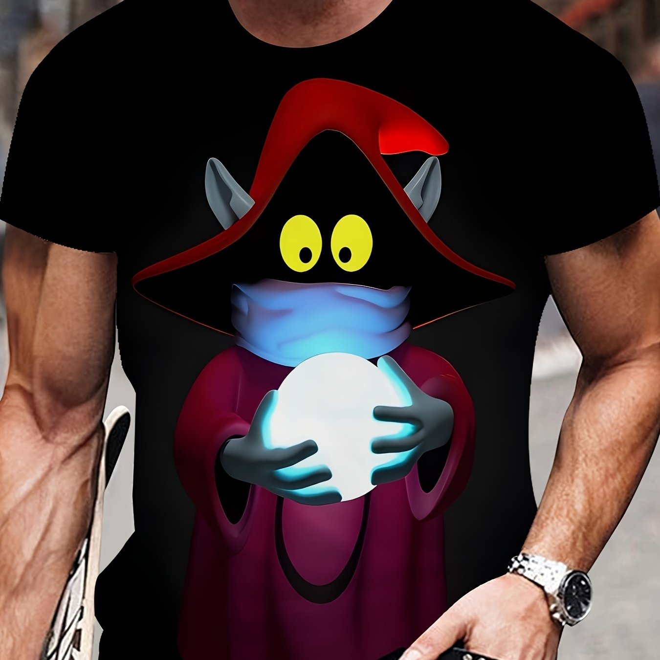 TEMU - Men's Halloween Red Hat Monster Graphic Round Neck Short Sleeve, Trendy T-shirt For Summer Outdoor Activities And Festive Parties