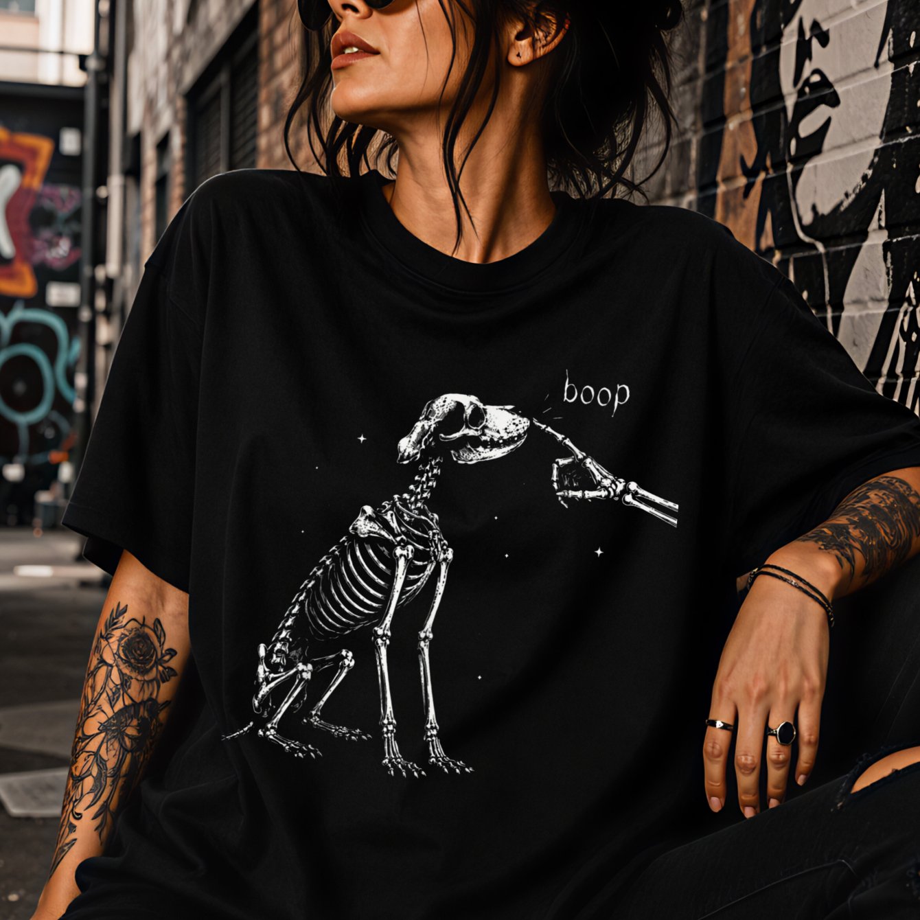 Image of Gothic Humor T-shirt - Skeleton Dog Graphic With Minimalist Bone &, White Casual Round Neck Tee Suitable For - Wear, Machine Washable Gothic Outfits For Themed Events Or