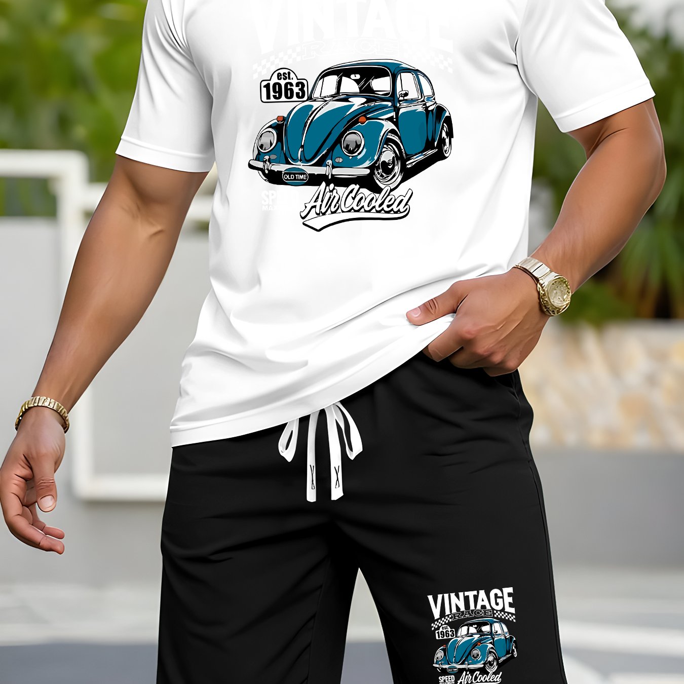 TEMU Men's Summer T-shirt 2pcs Set With Vintage Print Shorts, Casual Short Sleeve Top And Trendy Sportswear