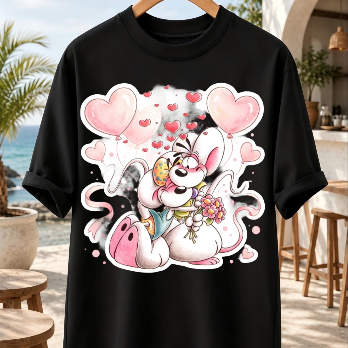 Did Dl And Love Couple Graphic T-shirt Vintage German Cartoon Mouse Heart Balloon Flower Cute Kawaii Black Short Sleeve Tops Unisex All T-shirt