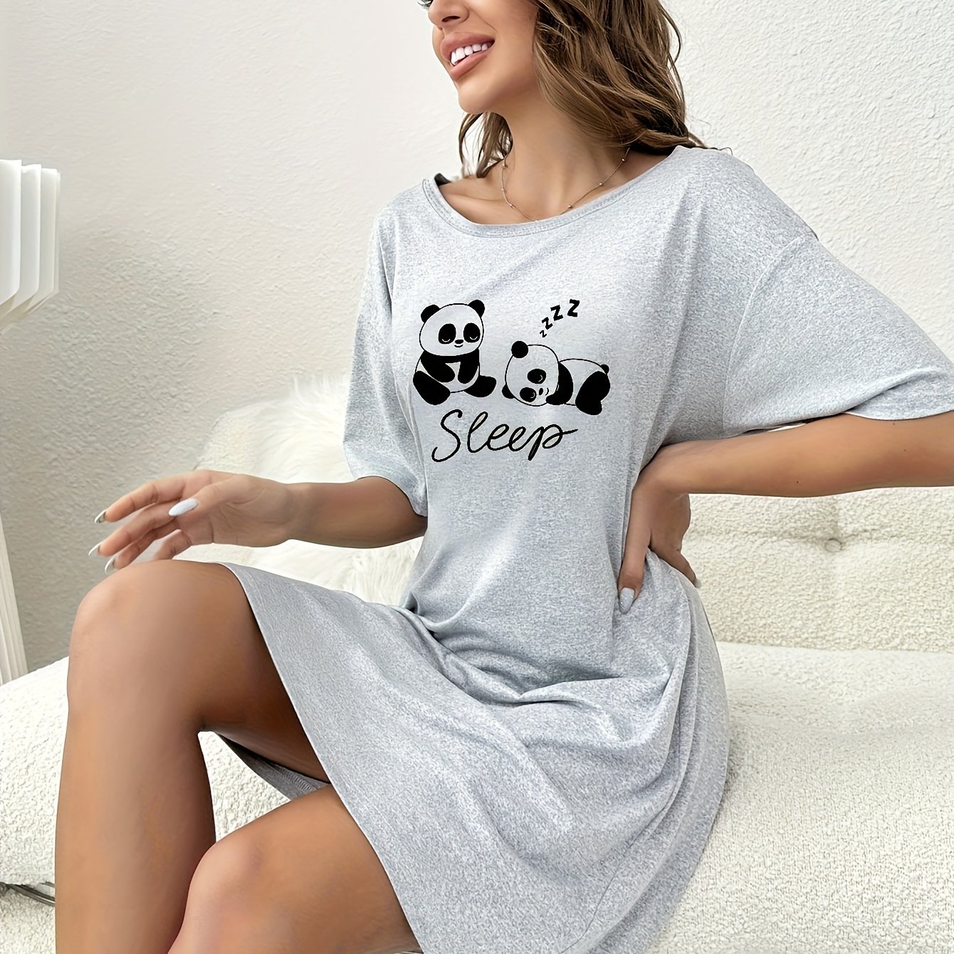 Image of Cute Cartoon Panda Print Nightgown, Premium Short Sleeve Round Neck Design, Women's Sleepwear