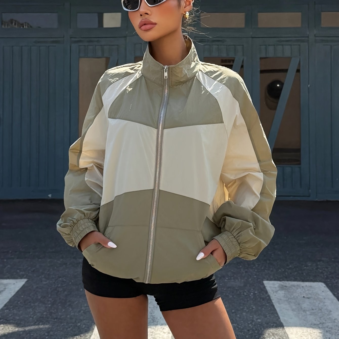 TEMU Lightweight Jacket Outerwear Stand Collar Zipper Color-block Coat Drop Shoulder Long Sleeve Cinchable Cuffs Side Pockets Loose Fit Trendy Casual