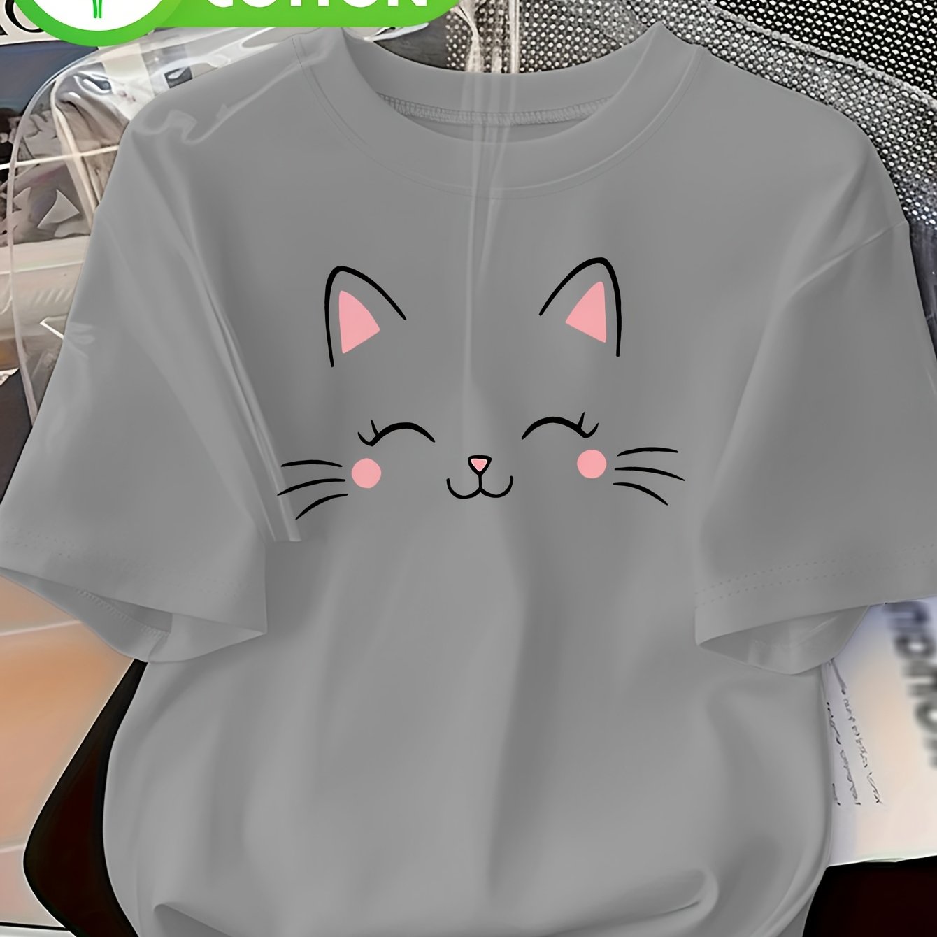 Plus Size, Cat Face Slogan Plus Size Women's Printed Casual Round Neck Pure Short Sleeve Top