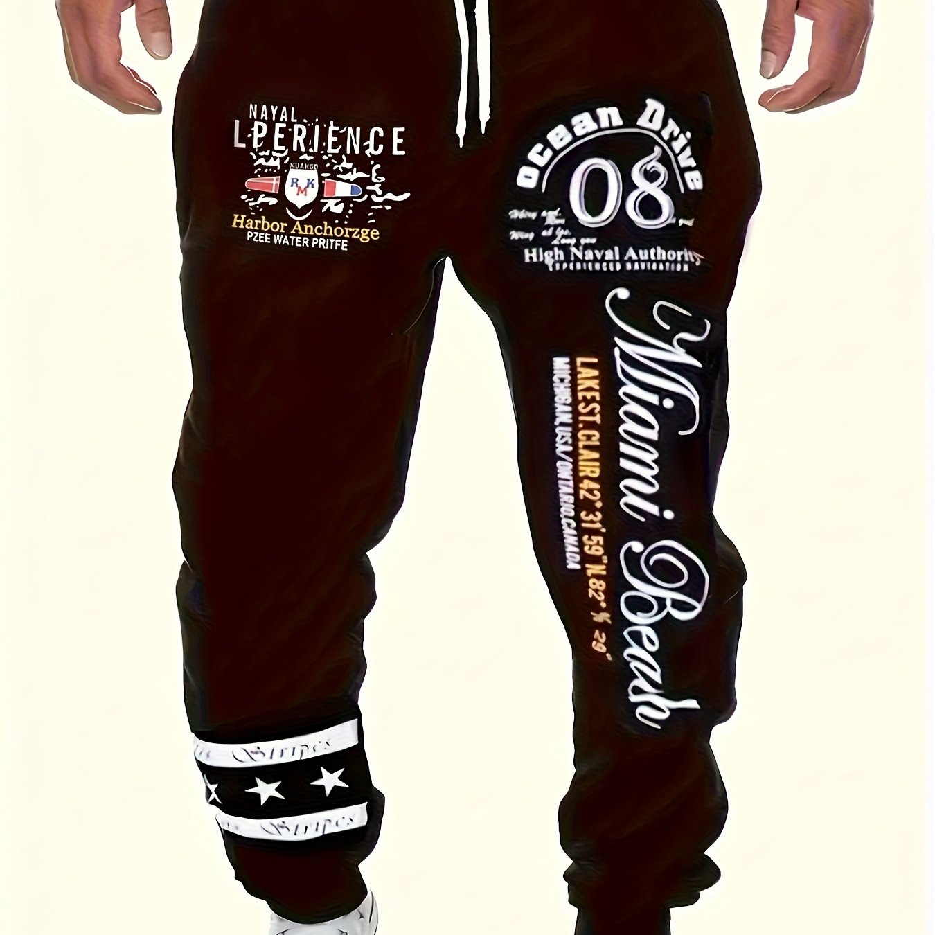 Image of 2024 New Casual Pants For Men With Drawstring Elastic Waist, Featuring Letter And Star Prints, Loose-fitting Sports Trousers