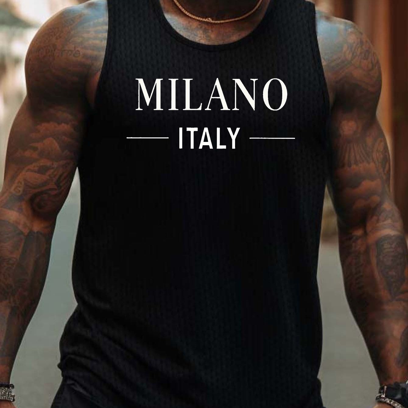 TEMU Italy Classic Men's Tank Top - Breathable, Comfy Sleeveless Athletic Shirt For Summer, Casual Gear, Black With White Print, Gym Shirts