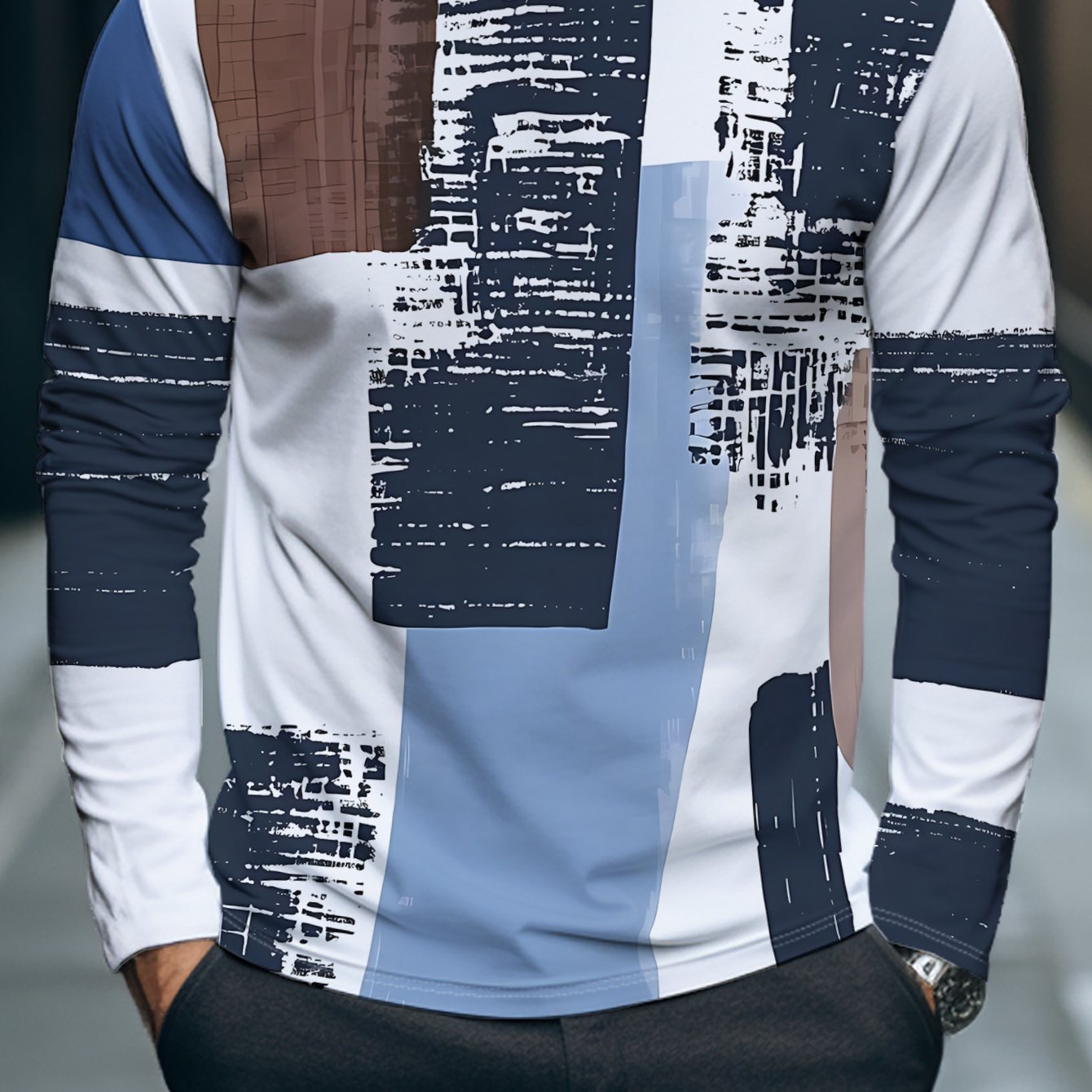TEMU Urban Streetwear Long-sleeve Shirt With Graffiti Color - Machine Washable Round Neck Blouse-compatible Top Suitable For Casual Wear & Layering,