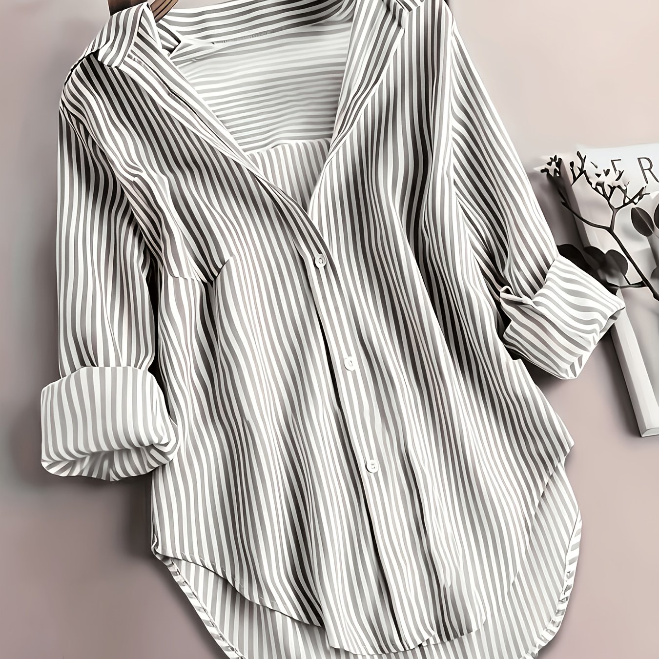 TEMU Women's Elegant Striped Shirt, Fashionable Long-sleeve Lapel Pocket Top