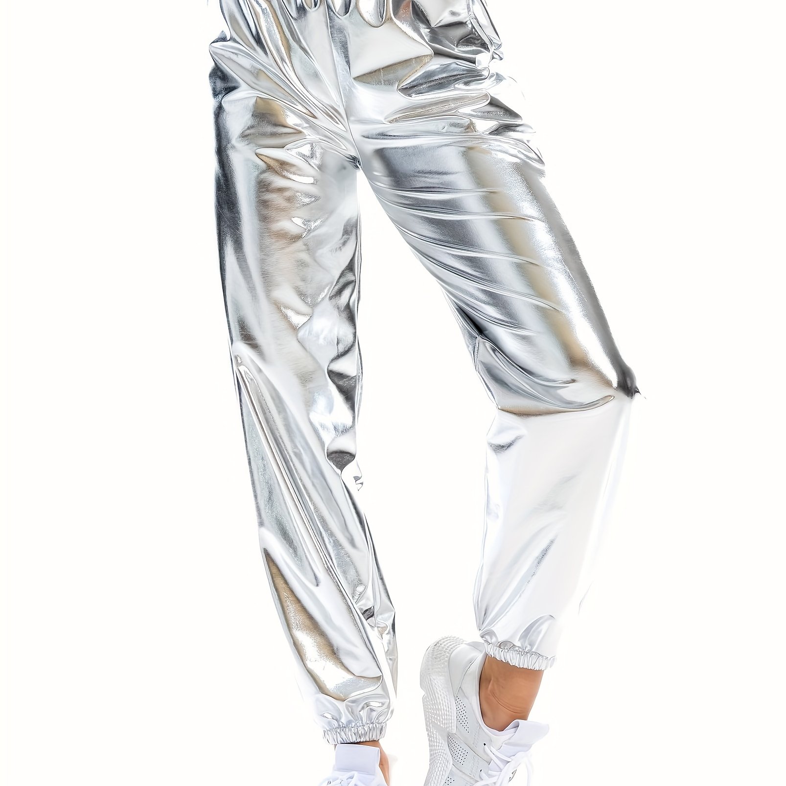 TEMU Women's Metallic Jogger Casual Holographic Colorful Street Style Pants Hip Hop Fashion Smooth Stretchy Trousers