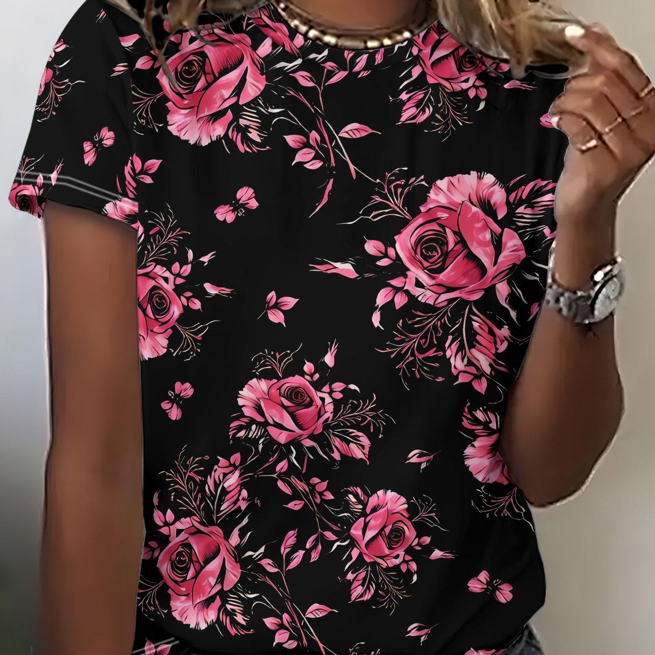 TEMU Summer New Women's Short Sleeve T-shirt, Black Background With Pink Rose And Scattered Floral Branches , A Romantic Aesthetic - Fiber, Machine