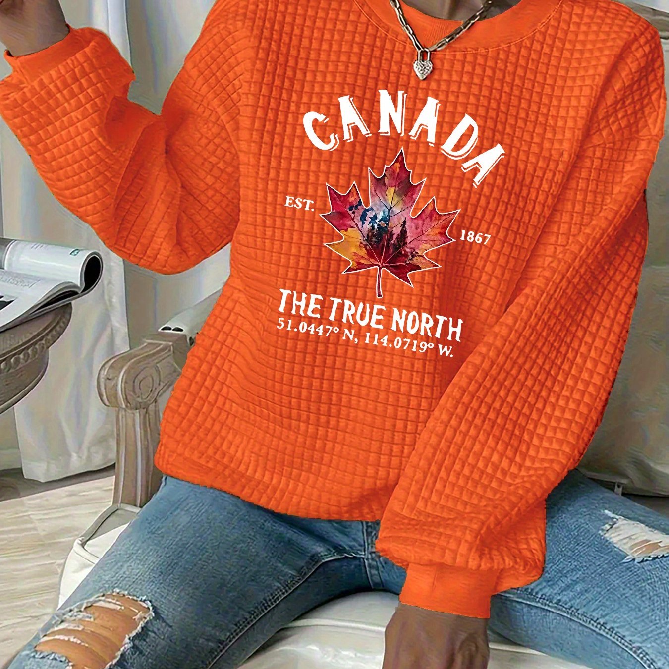 TEMU Plus Size, Plus Size Women's Casual Waffle Print Sweatshirt, New Long Sleeve Drop Shoulder Loose Fit Round Neck Waffle Sweatshirt, Oversized