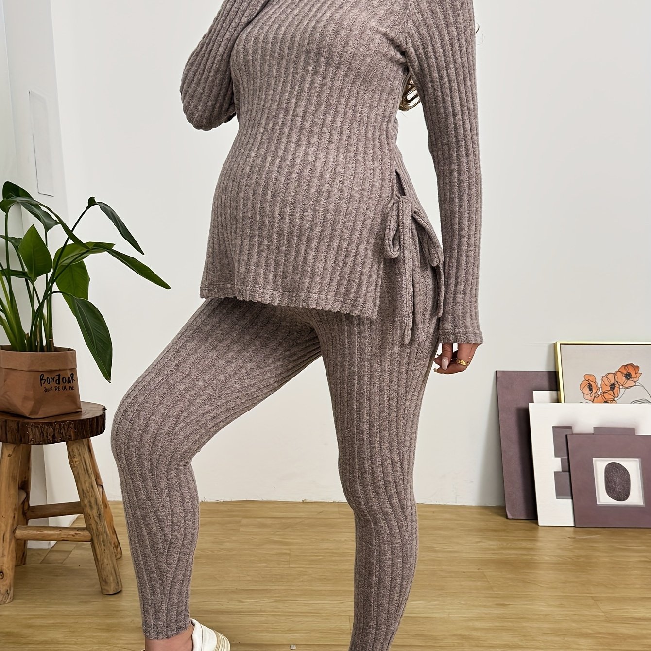 Image of 2pcs Maternity Set For Women, Autumn/winter Loose-fit Warm Set, Long Sleeve With Round Neck, Side Slits, Bow Ties On Sides, Adjustable Waistband Pants,christmas,halloween
