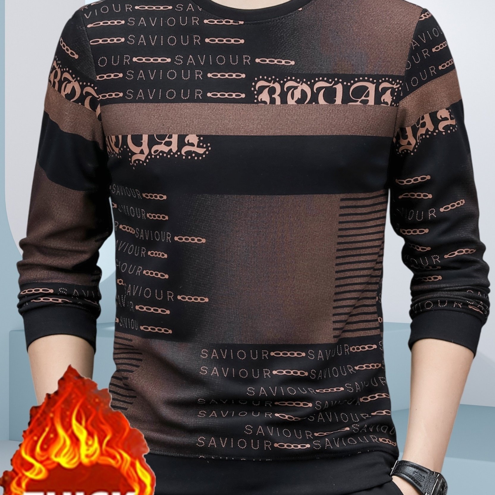 Image of Autumn Winter New Fleece Thick Men's Sweatshirt, Long Sleeve Round Neck Fashion Versatile Warm Fleece Pullover, English Letter Decor Sweatshirt, Casual , Suitable For Travel And