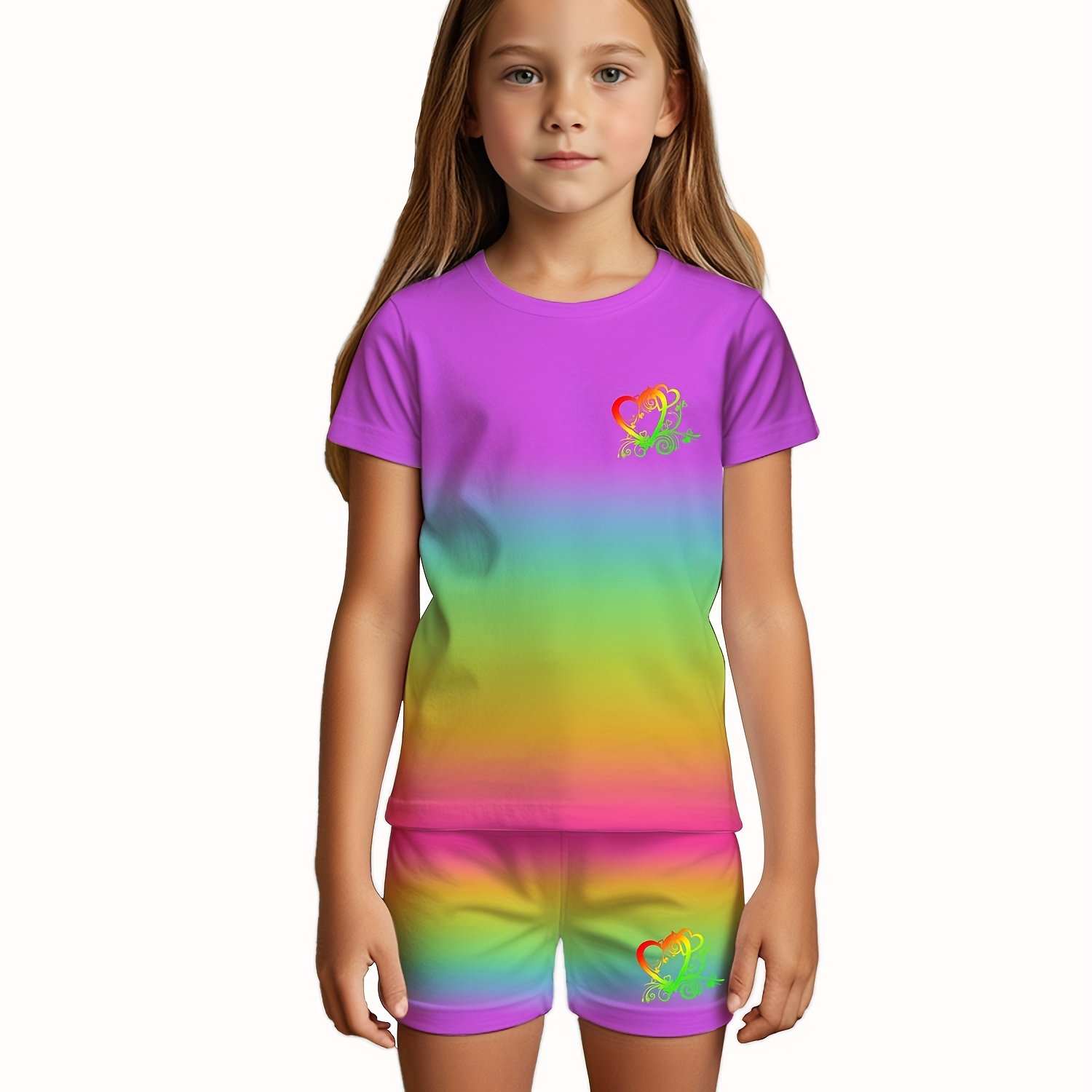 TEMU Rainbow Gradient Love Print Fashion Casual Suit For Girls - Girls Shorts Tracksuit - Kids Short Sleeve T-shirt Shorts Casual Suit - Girls Short Sleeve T-shirt Shorts Tracksuit
