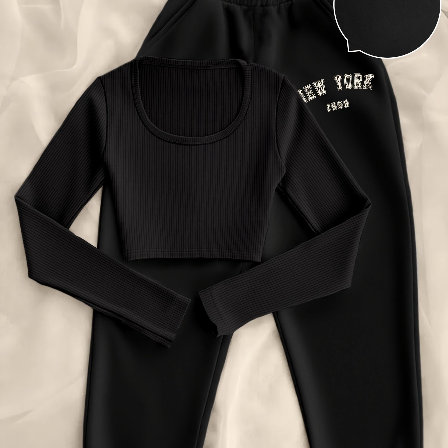 TEMU D8+k4 2pcs Women' Casual Long Sleeve T-shirt And Letter Print Pocket Long Pants Loose Fit - Fall Winter Women's Clothing