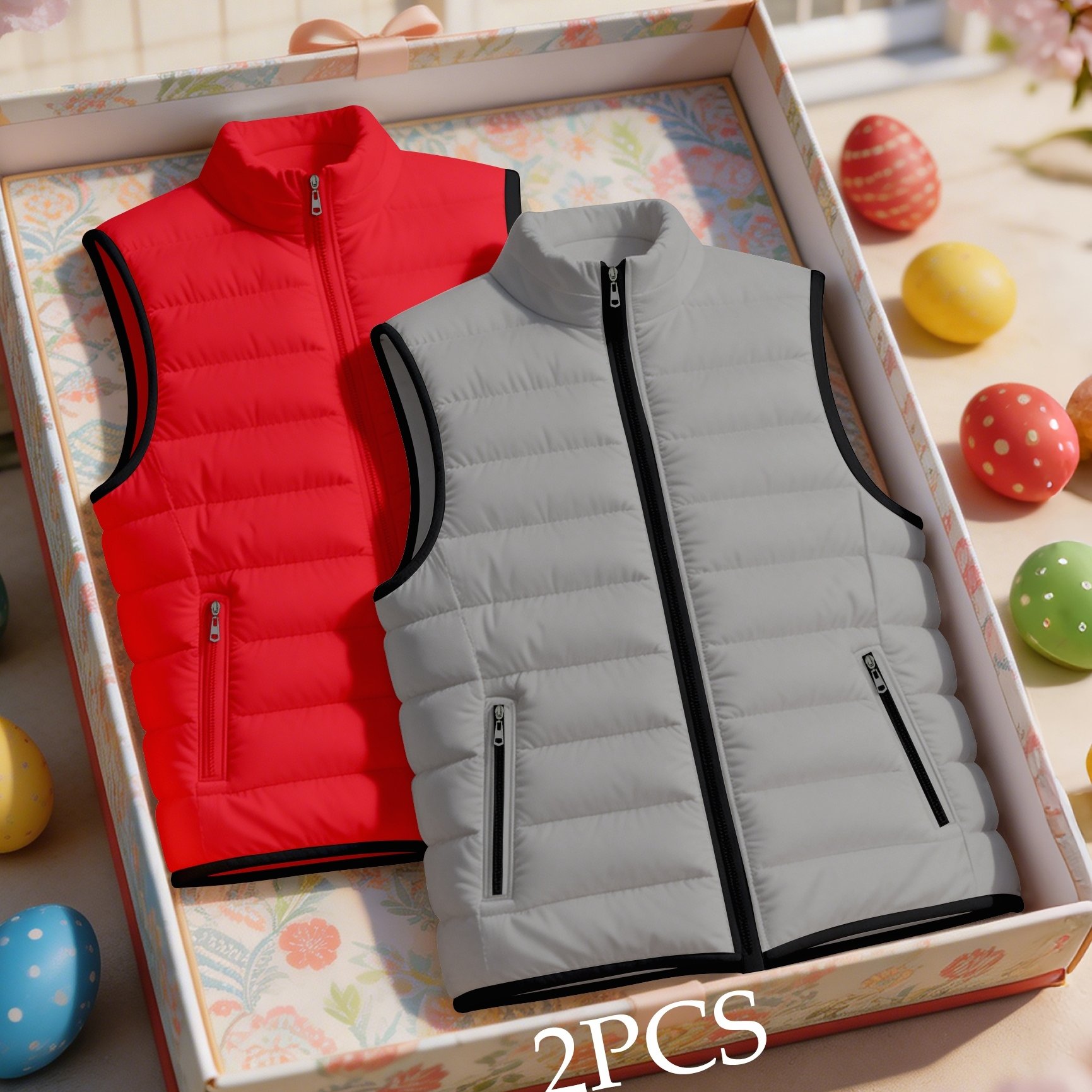 TEMU 2pcs Set, Men' Solid Color Casual Stand Up Collar Vest, Lightweight Windproof And Warm Sleeveless Autumn And Winter Coat, With Zippered Pockets,