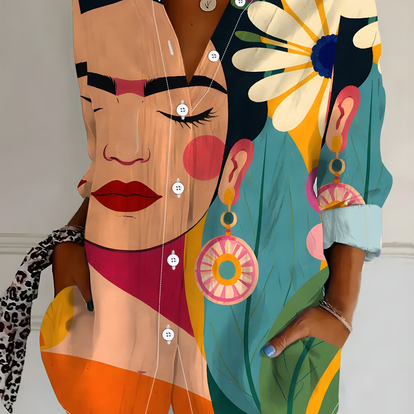 TEMU Plus Size, Women's Long Sleeve Shirt, Artistic Style Floral Print Blouse, Feminine Floral Shirt, Bright Warm Tones, Women's Casual Shirt, Soft