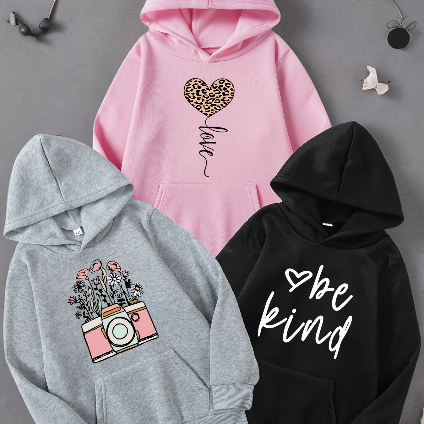 A Set Of 3 Cute Patterned Hooded Sweatshirts For Girls, Perfect For Casual Outdoor Wear And Autumn, Suitable For Everyday Use