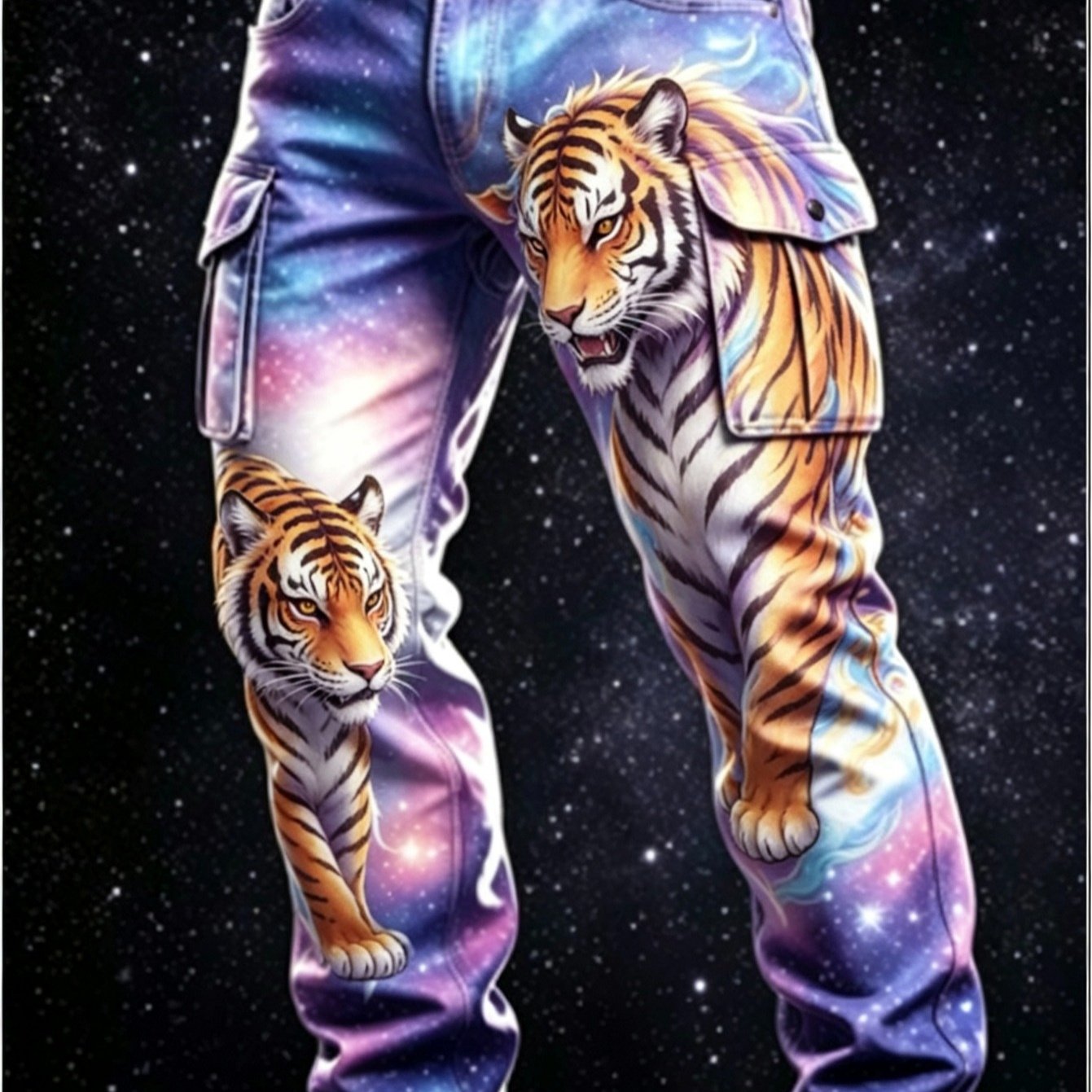 Image of Men's Y2k Fashion Overalls, And Blue Starry Sky Gradual Change Original National Tiger Print Multi-pocket Straight Versatile Casual Trousers, Suitable For Street/retro/daily Wear, Worn With Belt