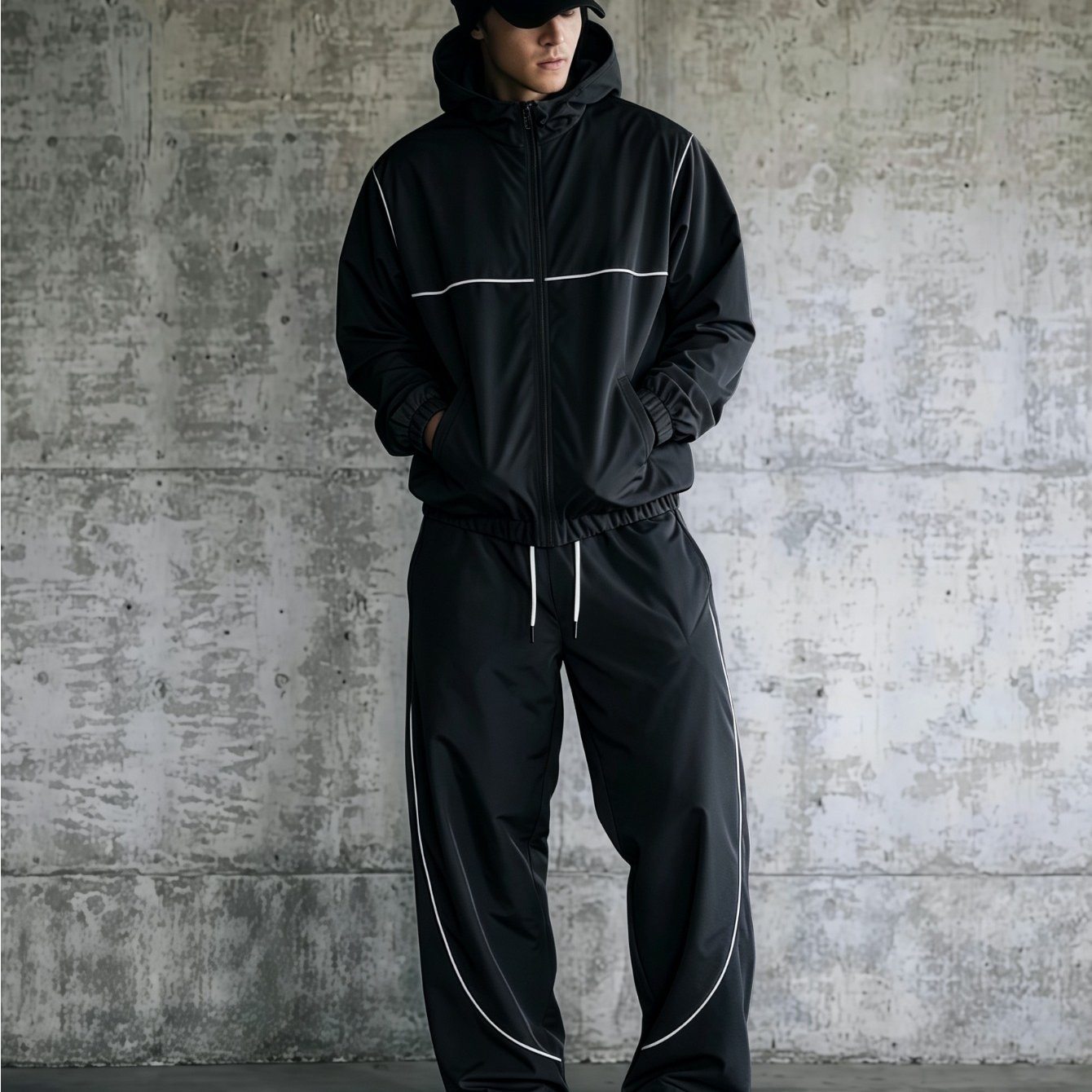 Image of Men'-piece Trench Coat Sports Set Full-zip Hoodie And Elastic Cuff Drawstring Joggers Casual Streetwear Sweatshirt Set With Line Details