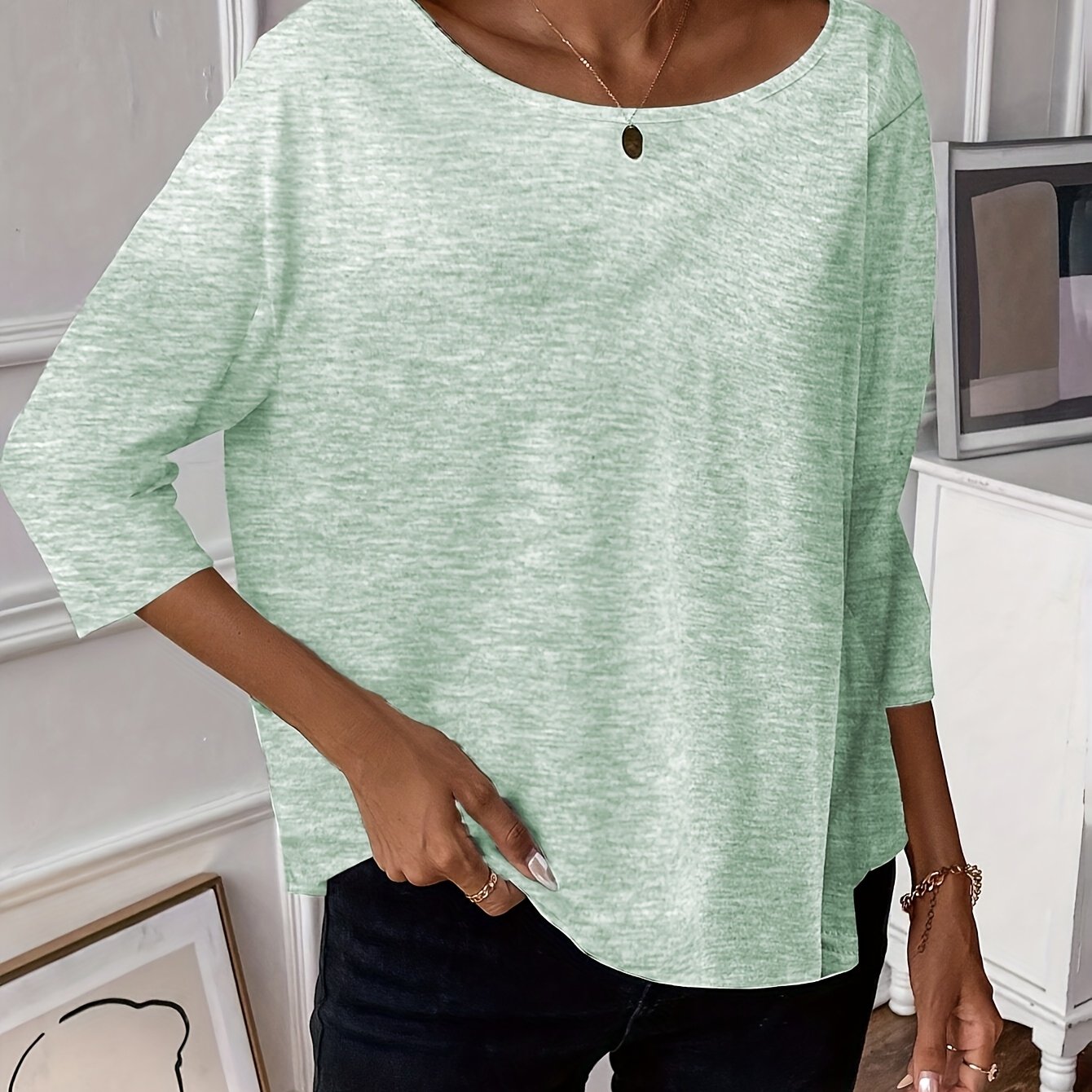 Women's Directional Round Neck Drop Shoulder 3/4 Sleeve Summer T-shirt