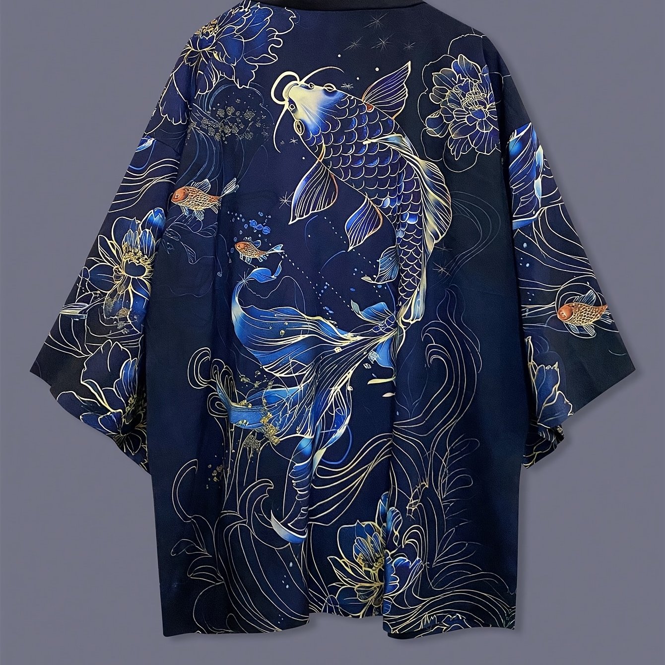 TEMU Men's Japanese Kimono Robe - -neck Short Jacket & Cover-up With Vintage Koi & Moon Patterns, Halloween Loose Fit Shawl Suitable For Travel,