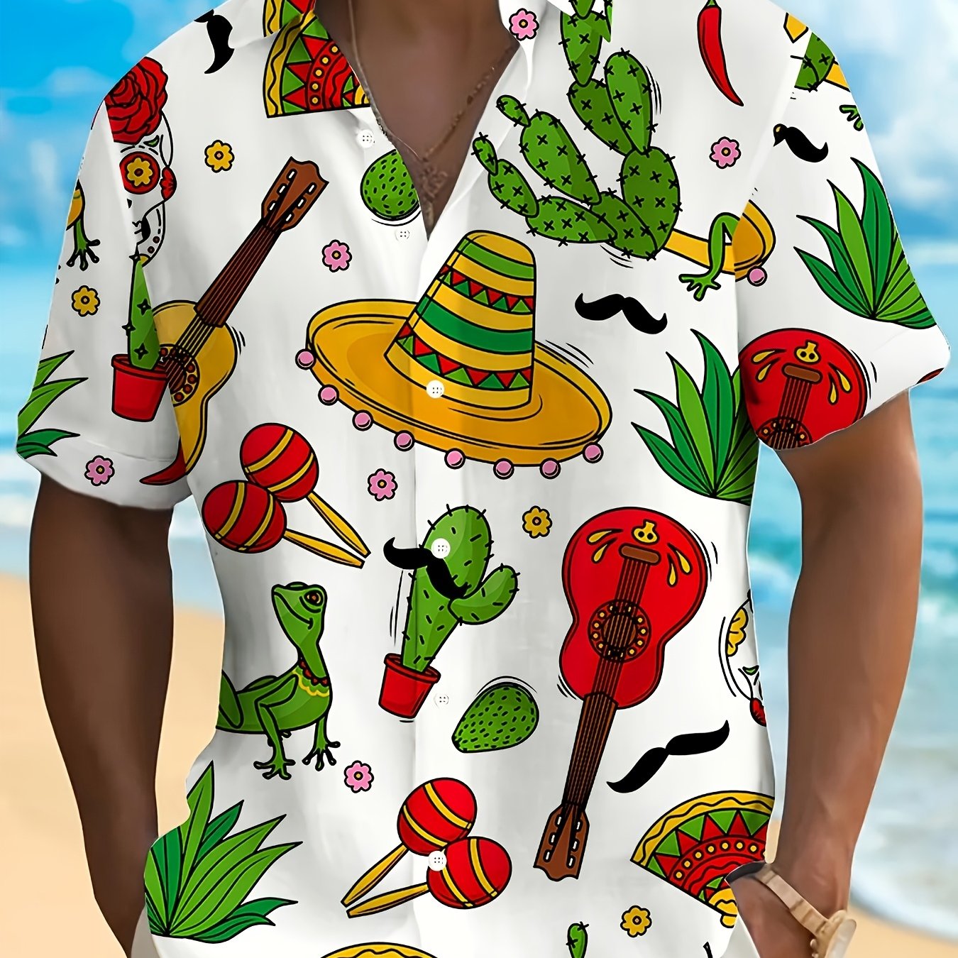TEMU Men's Vibrant Mexican Shirt - Colorful Cartoon Cactus & Chili Pepper Print, Breathable Polyester, Relaxed Fit Short Sleeve Button-up For Summer