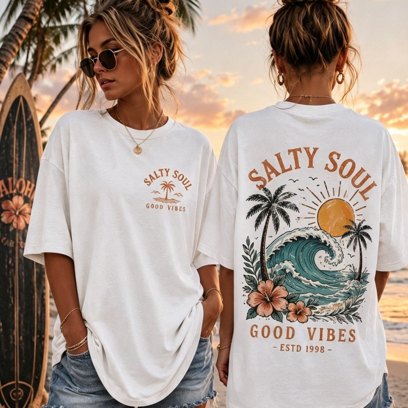 TEMU Summer Women's Vintage Tropical Beach Vacation Graphic T Shirt, Wave Sunset Hibiscus Print, Loose Neck Short Sleeve Casual Travel Top
