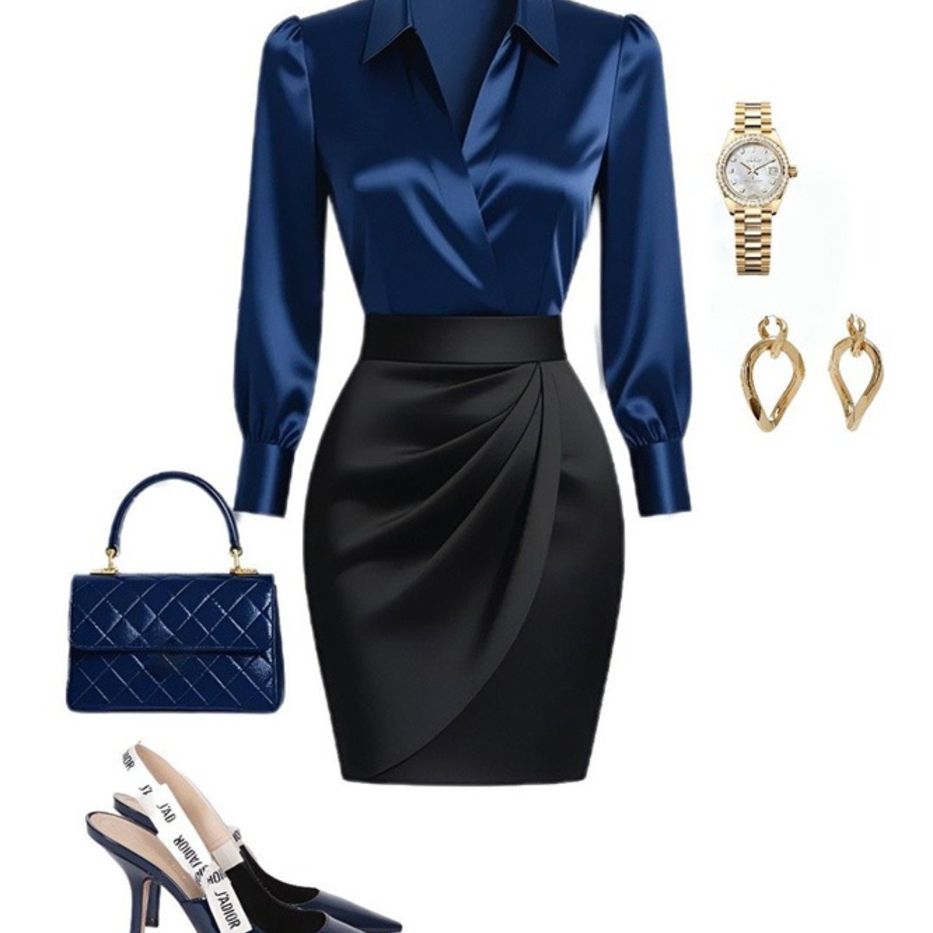 TEMU This Is A Two-piece Outfit Consisting Of A Navy Collared Shirt And A Black Pleated Pencil Skirt. It Embodies A Retro-inspired And Elegant