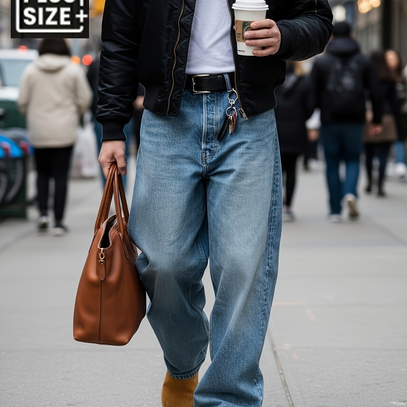 Image of Plus-size Men's Jeans, Washed , Stylish And Versatile, Three-dimensional Cut High-waisted Loose Wide-leg Straight Style, -size Men's Denim Pants For Casual Outfits, Plus Size