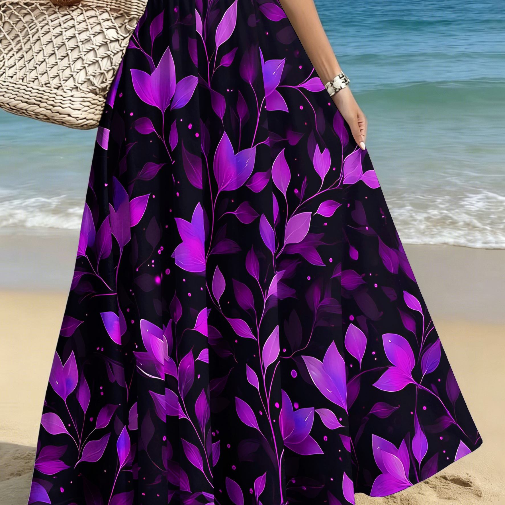 TEMU Plus Size Women's Elegant Fashion Skirt, Casual Printed Midi Dress, Purple Floral Vine Pattern Print, /casual/date/party/beach Women's Skirt,
