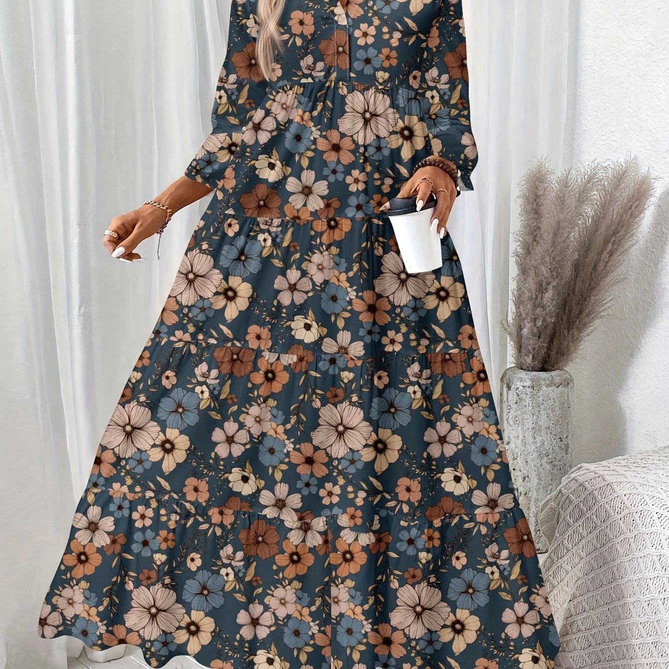E-shop BK Damen Langarmkleid, Casual Vintage Blumenmuster V-Ausschnitt Plissee-Kleid, geeignet für Frühling Herbst