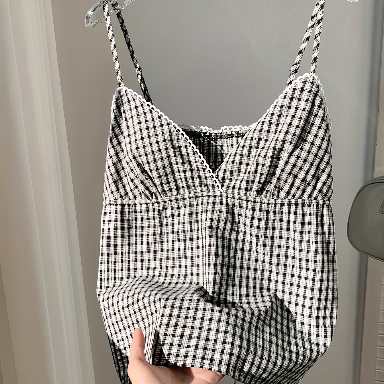 E-shop Modische Damen Karierte V-Ausschnitt Rüschen Cami