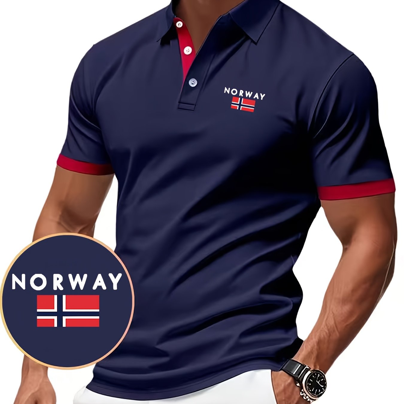 TEMU Men's Fashion Casual Short Sleeve Shirt, Norway Pattern Print Y1705, Versatile Short Sleeve Golf Shirt, Suitable For Golf, Tennis Training, Gym