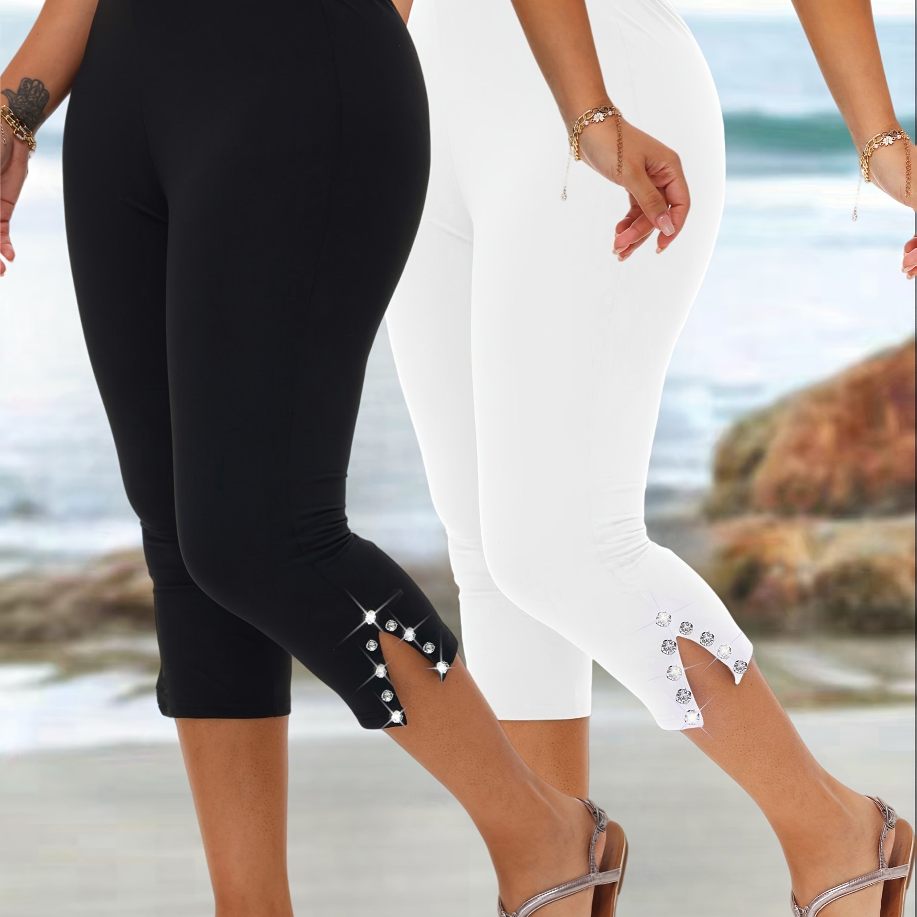 E-shop Plus Size, 2-teiliges Capri-Leggings-Set mit Schlitz, High-Waist Stretch-Leggings für Frühling Sommer, mit Nietendetail am Saum