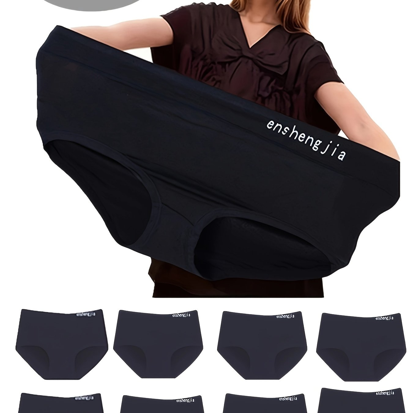 Image of 8pcs Plus Size Women's High-waist Panties, Comfortable Stretch, Solid Color, Elegant Style, Fabric, Breathable, Full Coverage Triangle Panties, Suitable For Daily Wear, Sizes 1xl-9xl