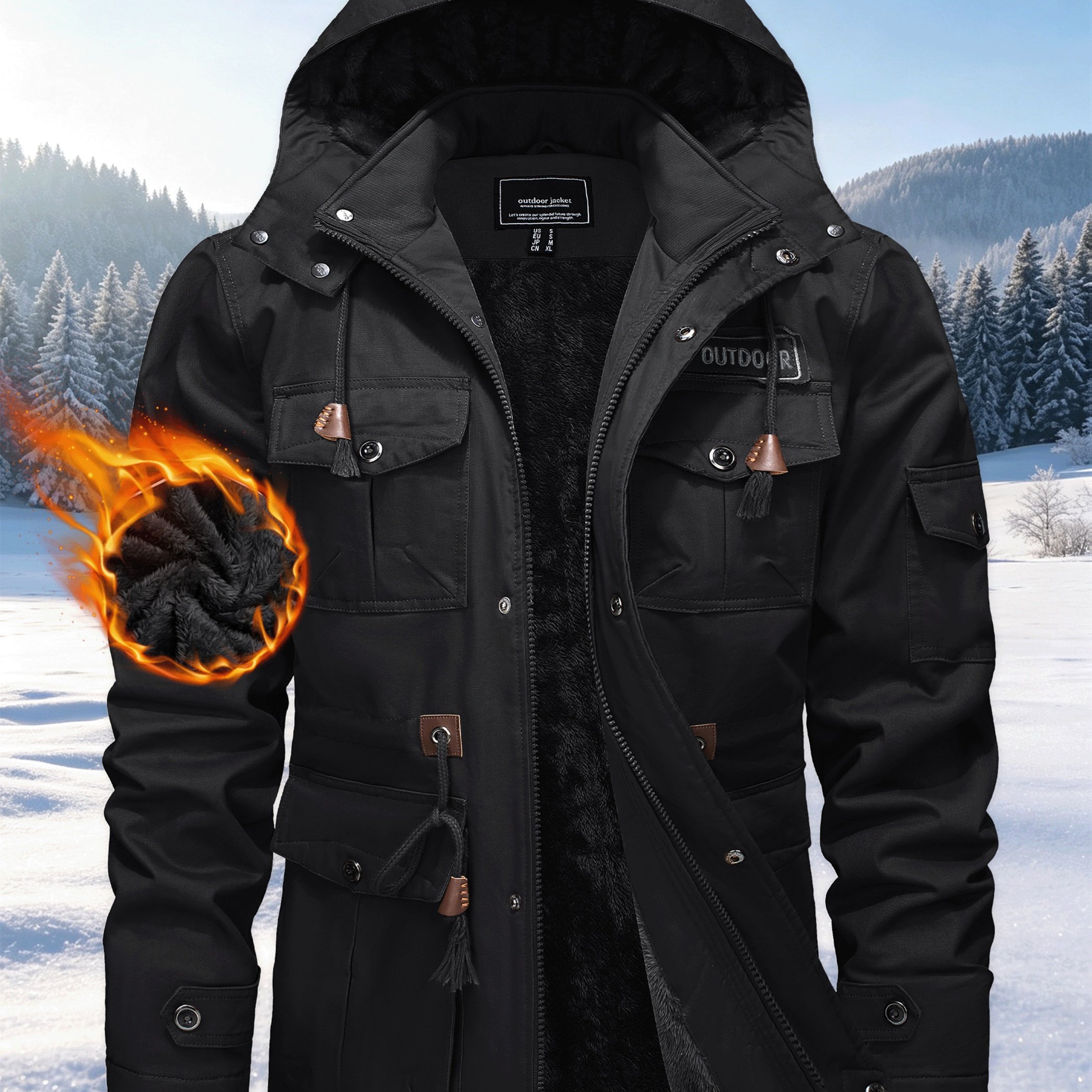 Image of Men's Winter Cargo Jacket Thicken Lined Warm With Detachable Hood Multiple Pockets Large Deep Pockets Adjustable Cuffs For Winter Daily Work Outdoor Casual Jacket