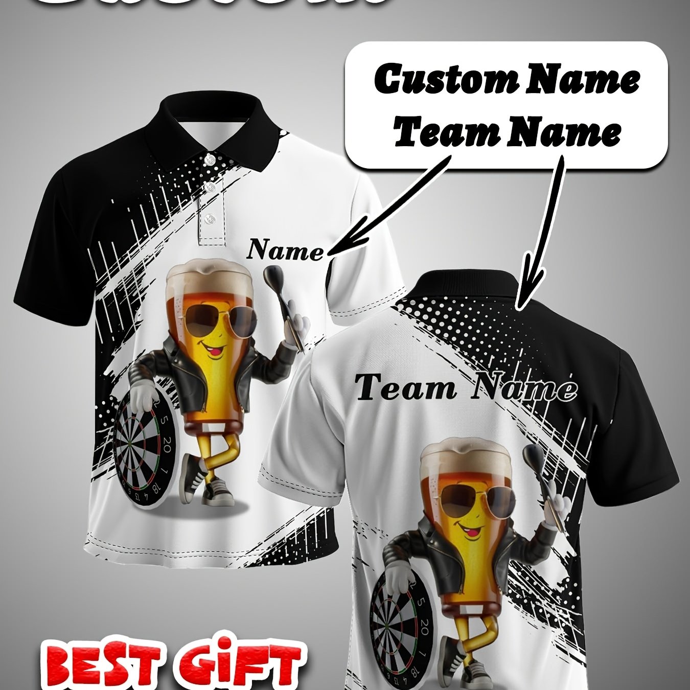 TEMU Men's Darts Team Shirt - Personalized Name/team, Breathable Polyester Darts Theme Design With Dart Board And Beer Cartoon Graphics, Machine