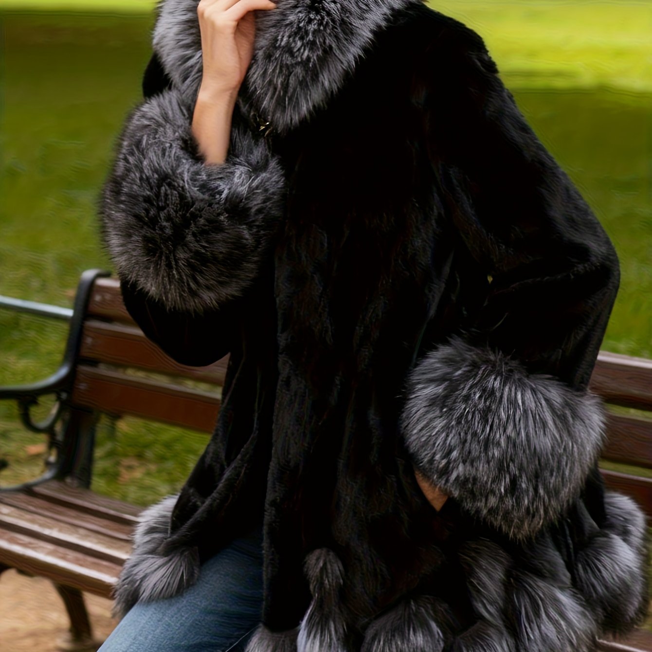 TEMU Plus Size, Women's Contrasting Plush Hooded Plus Size Coat Elegant Casual Drawstring Waist Cinched Daily Outdoor Warm Coat With Pocket