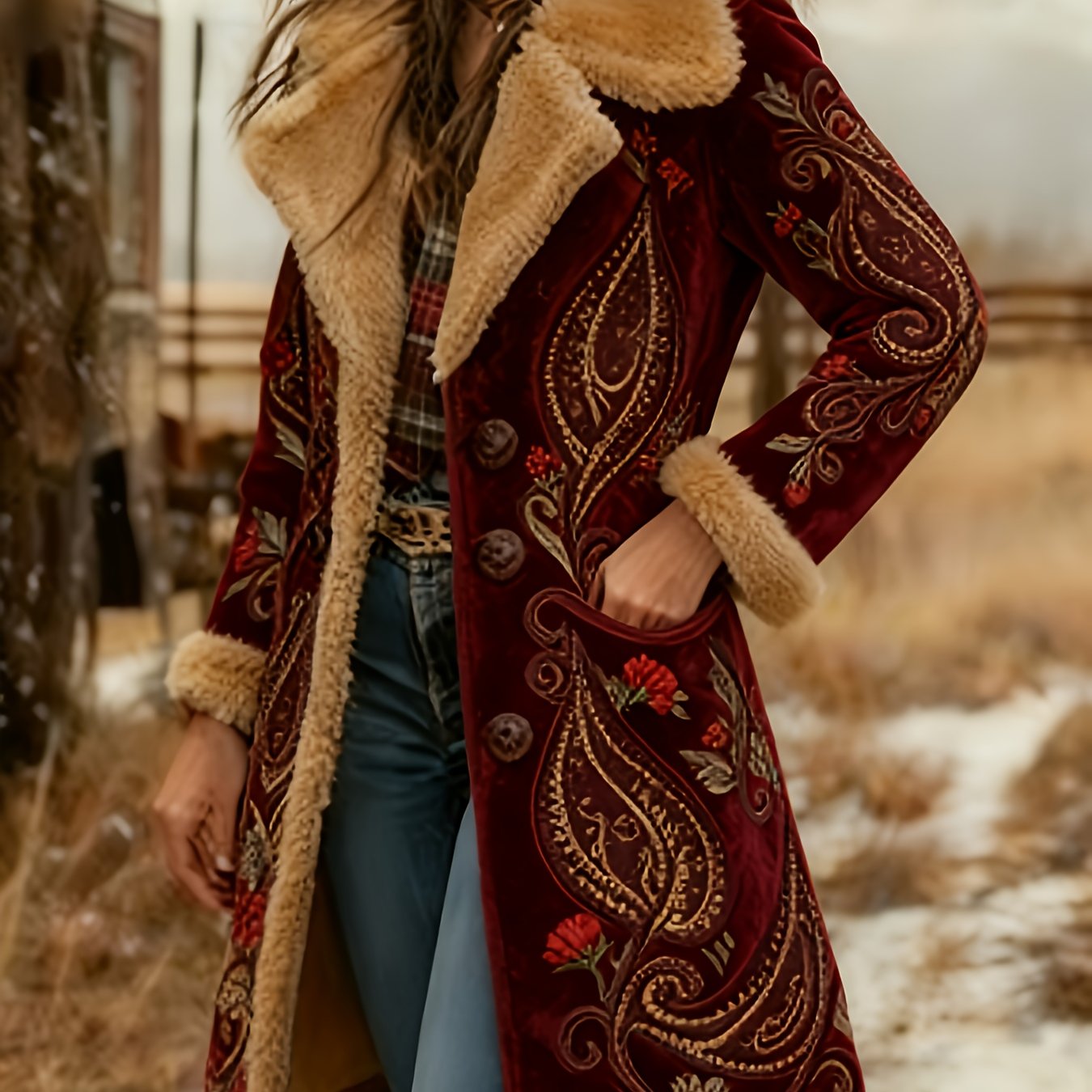 Printed Design Not Textured Ladies' Western Retro Style Autumn And Winter Warm Long-sleeved Retro Printed Jacket Coat - Western Printed Jacket Lapel Coat