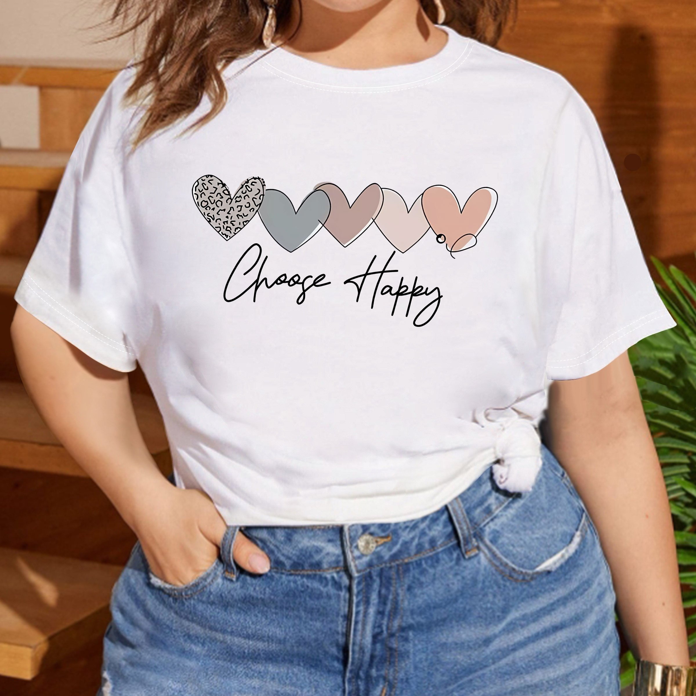 TEMU Women's Plus Size Casual Sporty T-shirt, Cute Heart Print, Comfort Fit Short Sleeve Tee, Fashion Breathable Casual Top