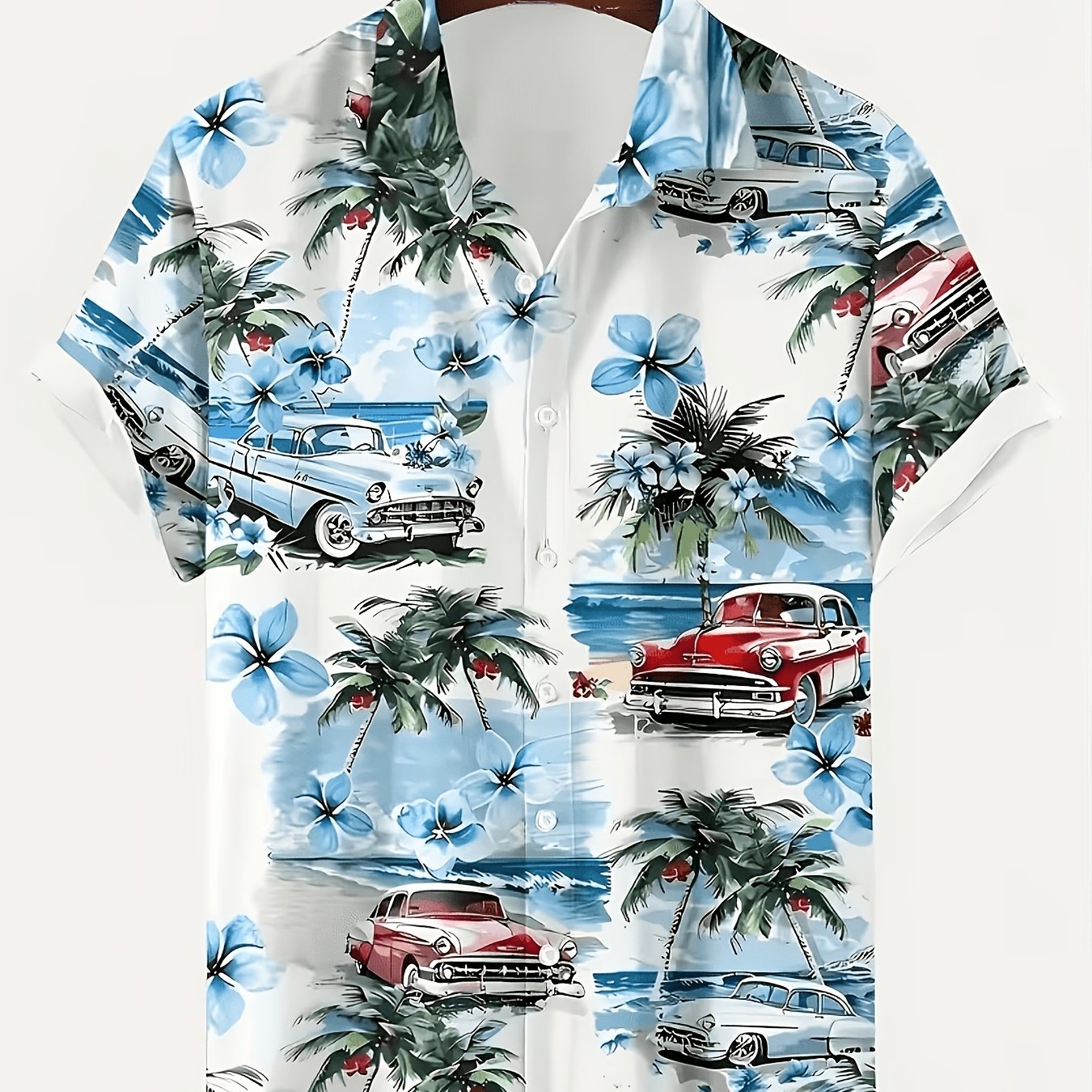 TEMU Men's Hawaiian Shirt With Tropical Print And Short Sleeves- Vintage Beach Style With Classic Car And Palm , Button Collar, Lightweight , Loose