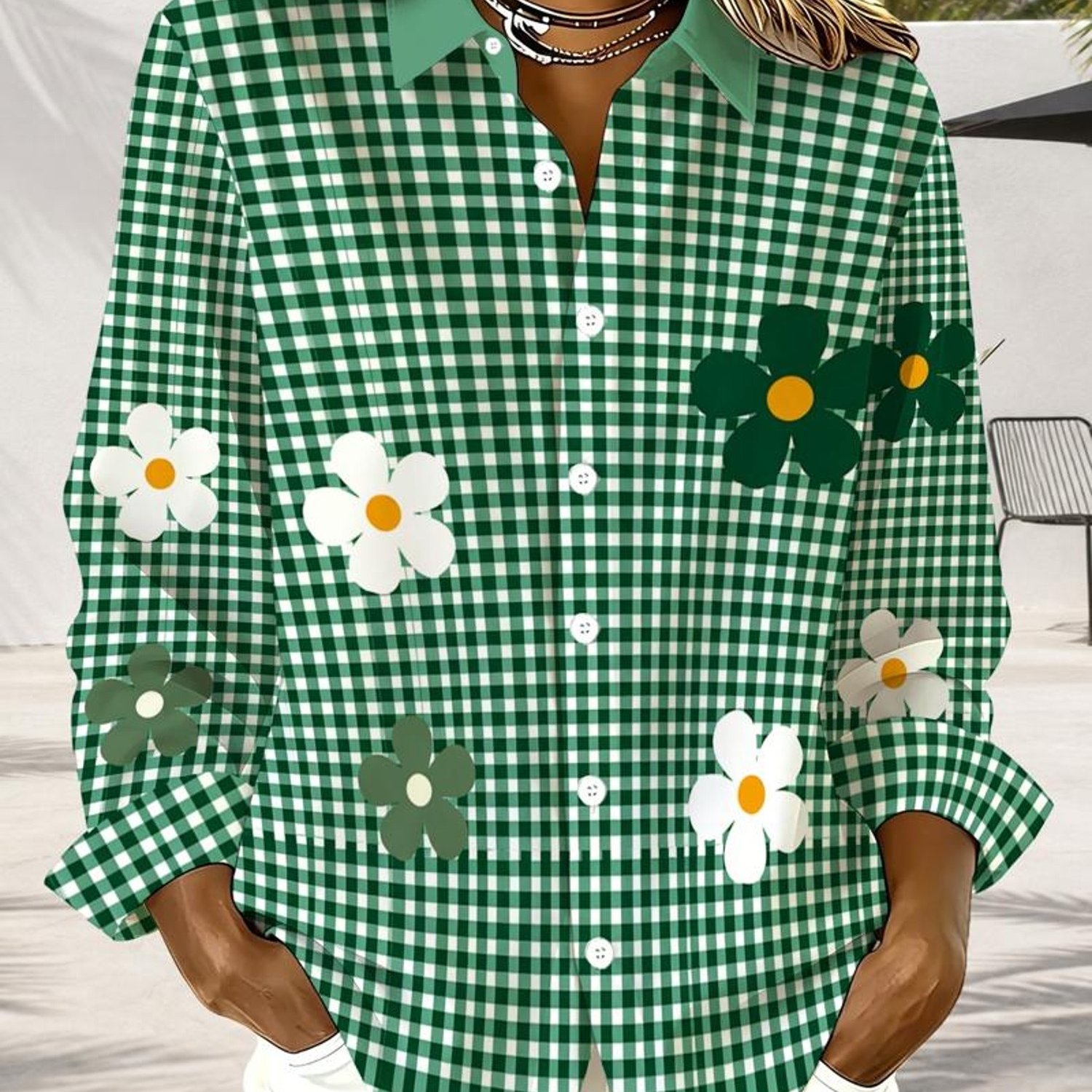 TEMU Women's Long Sleeve Lapel Shirt, Green And White With Floral Print, Versatile Blouse For Daily Casual Outfits, Printed Design - No Texture