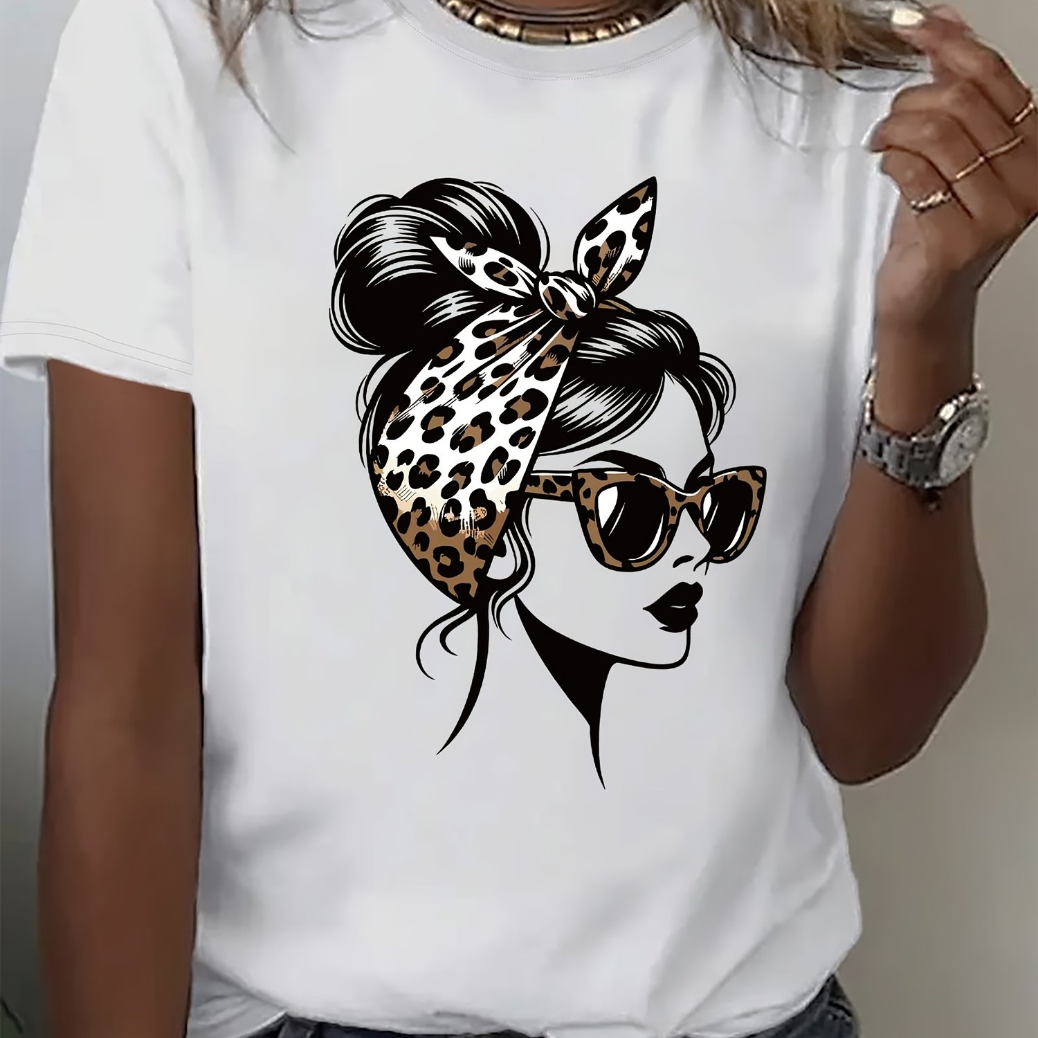 Image of Women's Casual Graphic Print T-shirt - Short Sleeve Crew Neck, Yellow With Black & White Leopard Print Design, Soft Fabric, Perfect For Casual Attire, Leopard Print Blouse