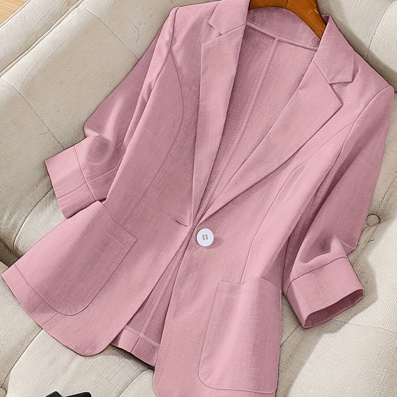 TEMU Women' Pink Casual Long Sleeve Blazer - Soft Polyester Fabric, Button Front, Lapel Collar, For Spring And Fall, Casual Wear Blazer | Classic Blazer Style | Sleek