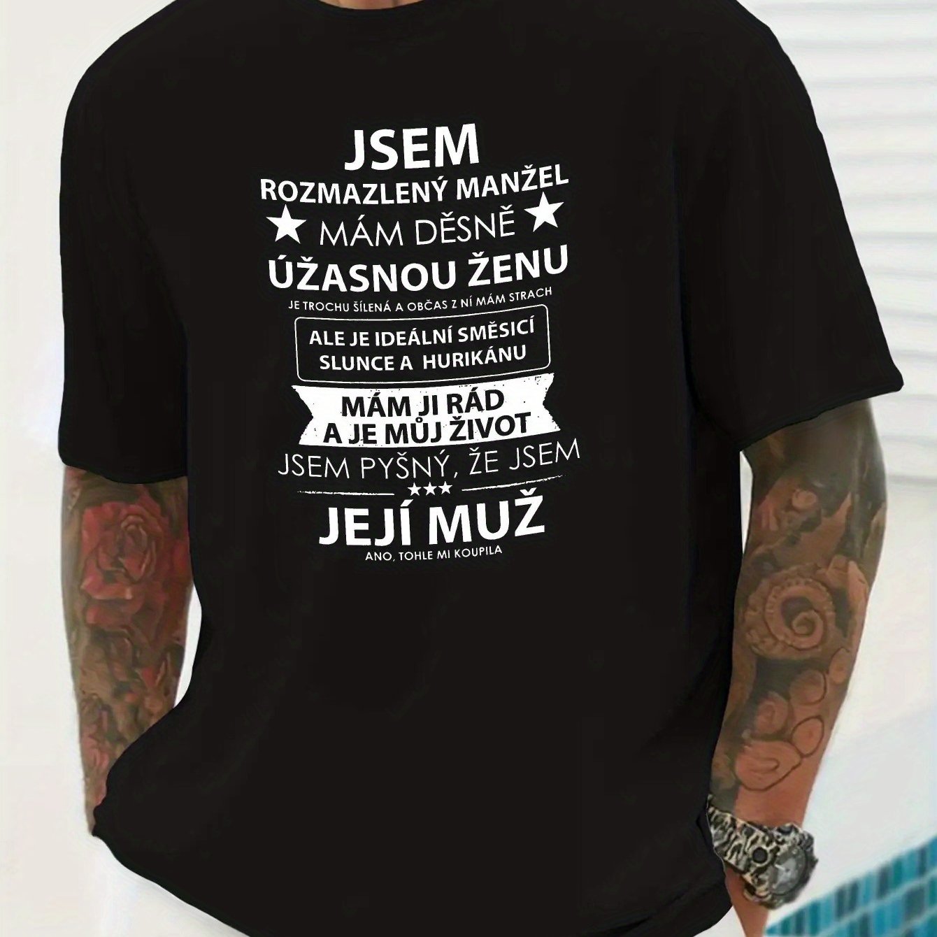 TEMU Funny Czech Men's T-shirt - Czech & English Phrasebook Design With Humorous Sayings, White & Navy Blue Short Sleeve Round Neck Tee, Machine