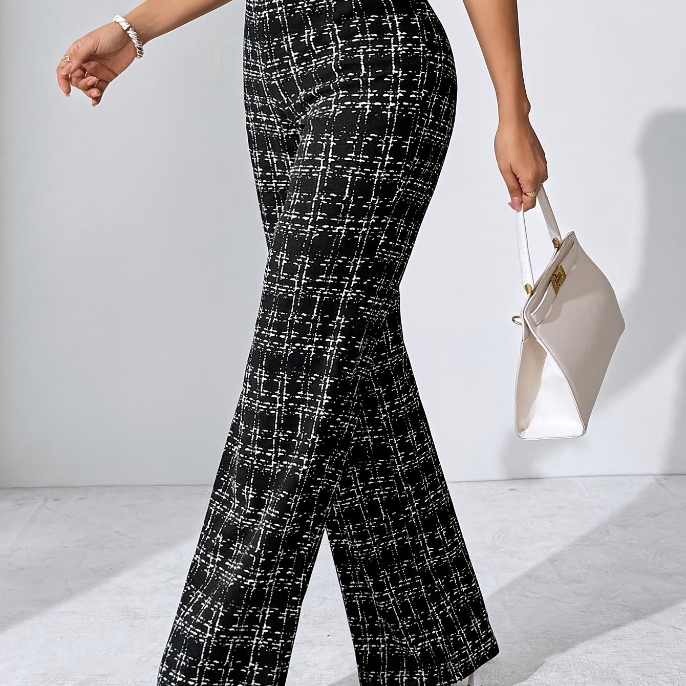 E-shop Lässige schwarze Hose mit Karomuster, geeignet für verschiedene Anlässe, Hose mit geradem Bein für Frühling/Sommer/Herbst