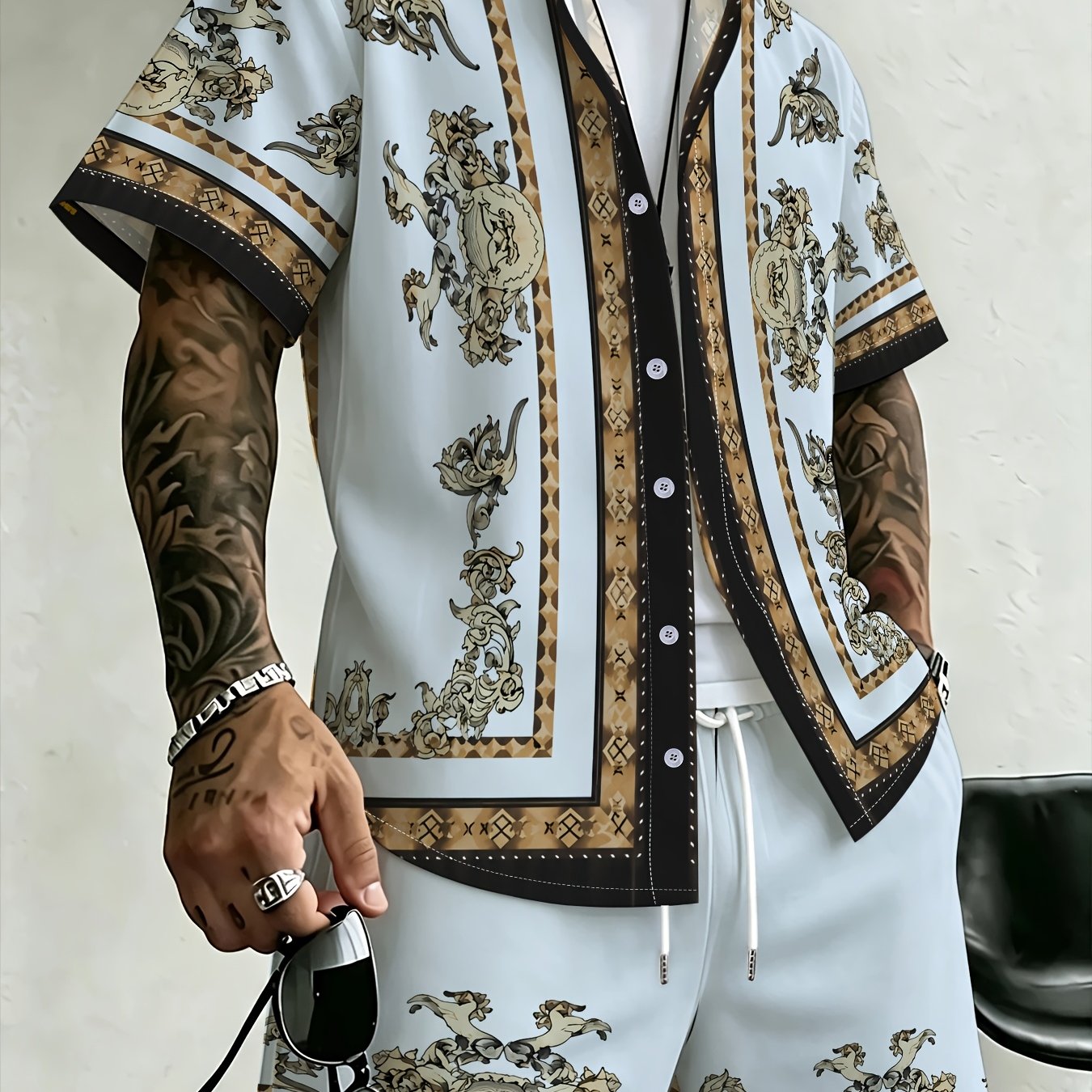 TEMU Men's Printed Casual Shirt Set - Short Sleeve Button- Shirt And Drawstring Shorts Set, Polyester, Machine Washable, Summer Beachwear, Vacation